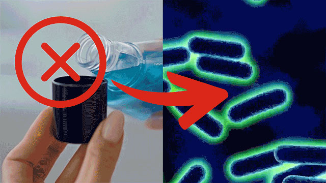 Alcohol mouthwash being poured next to magnified oral bacteria regrowing