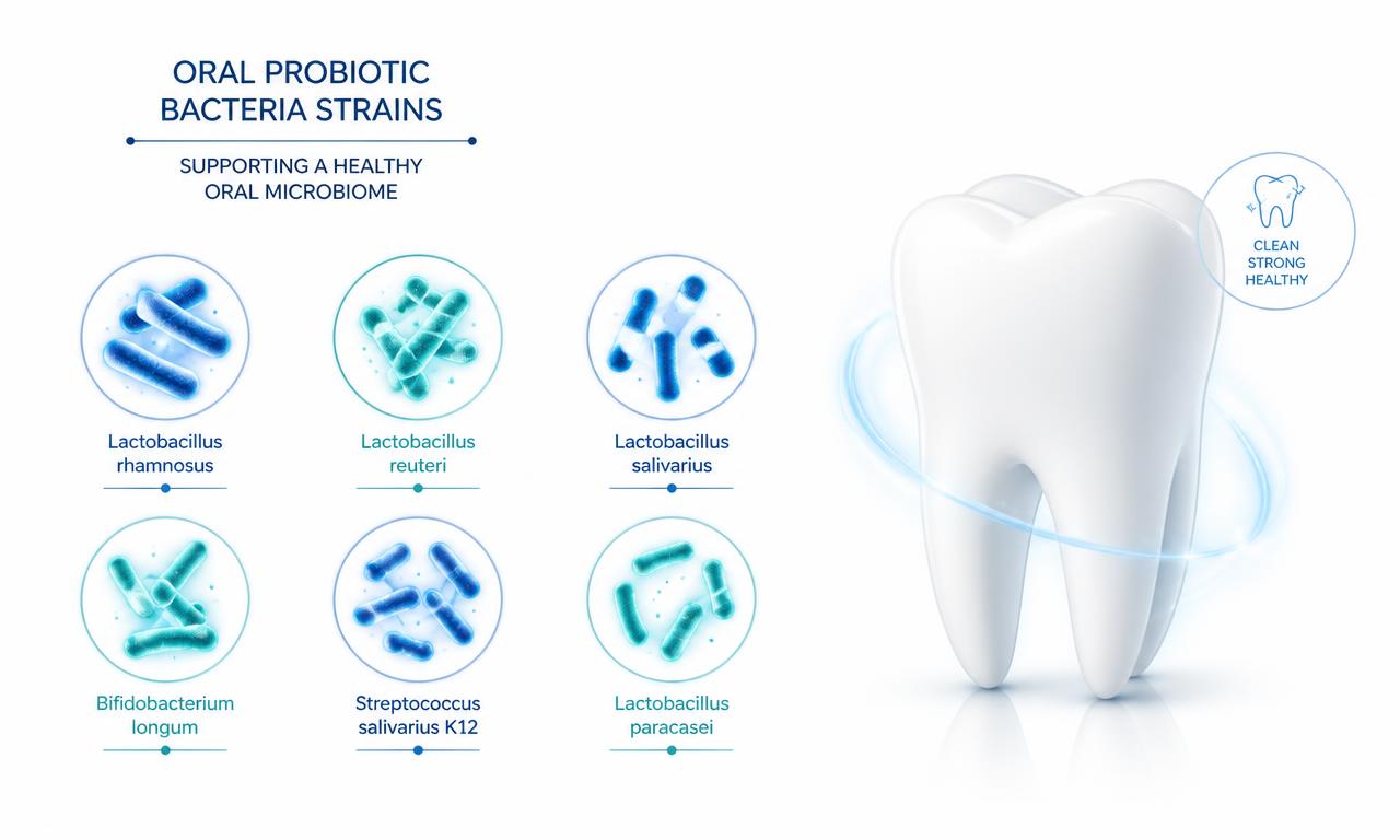 Illustration of the oral probiotic bacteria strains used in ProvaDent next to a clean tooth